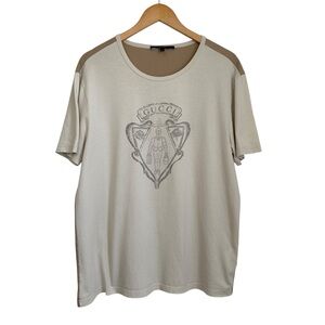 Gucci Mens Crest Graphic Short Sleeve Cotton T Shirt Size Large Beige Luxury